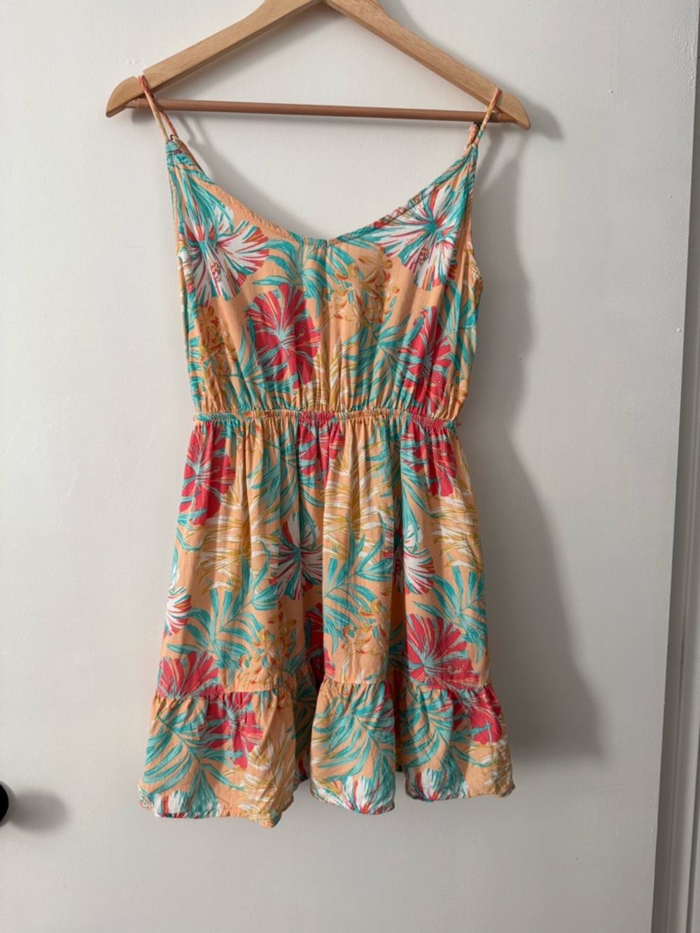 Hurley Tropical Floral Mini Dress Peach Teal Spaghetti Strap Sundress Size S